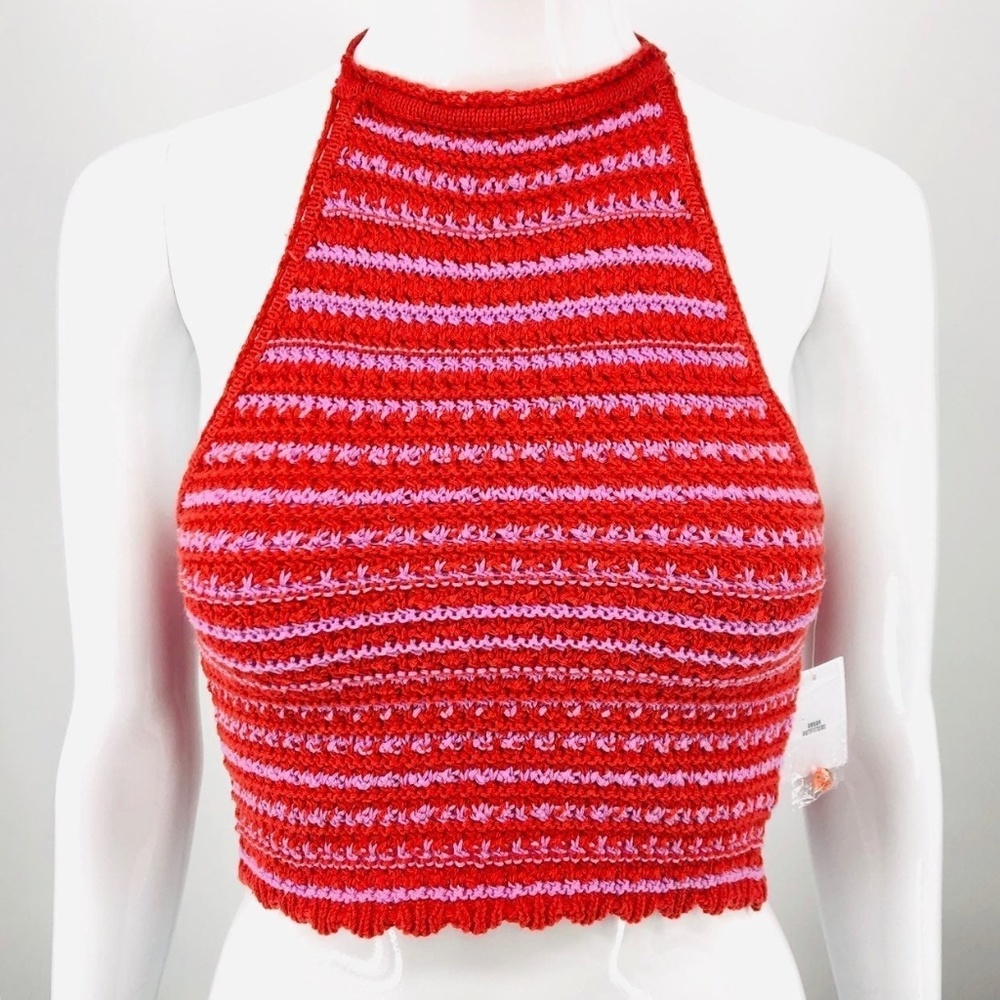 100% Cotton Crochet Knit Crop Halter Top - Orange